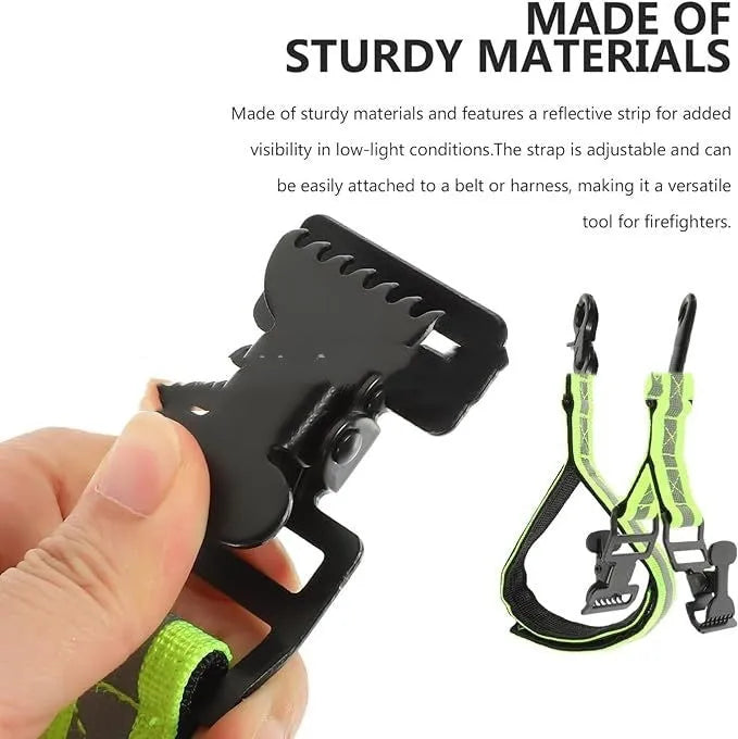 Fluorescent green metal safety glove clip with reflective tape for PPE organisation.
