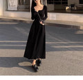 Square collar knitted A-line dress with elastic waist in black or grey colour options