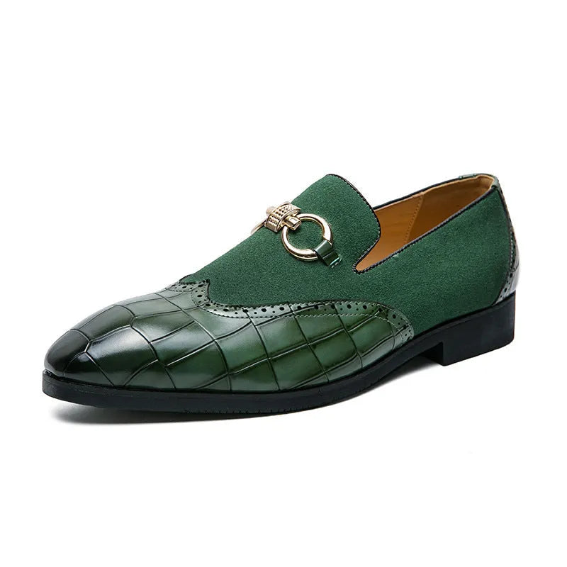Korean style men's leather shoes with pointed toe and low-top design in black and green colour options