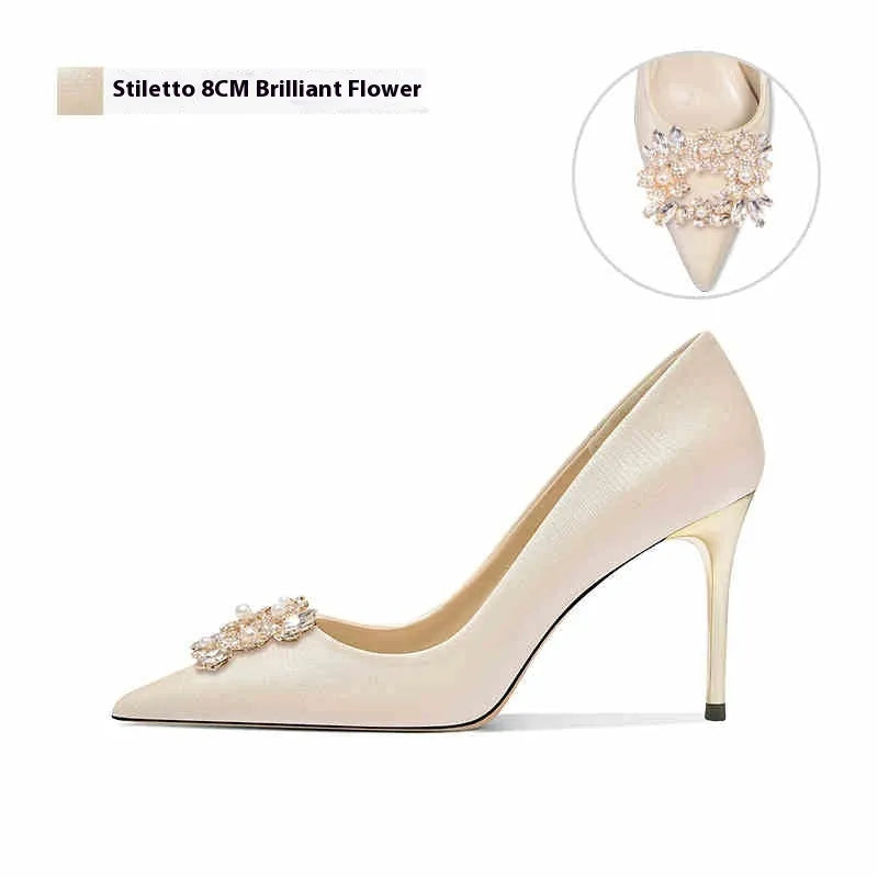 French crystal bridal high heels with rhinestone decoration on cloth upper, available in pointed toe styles with stiletto heels