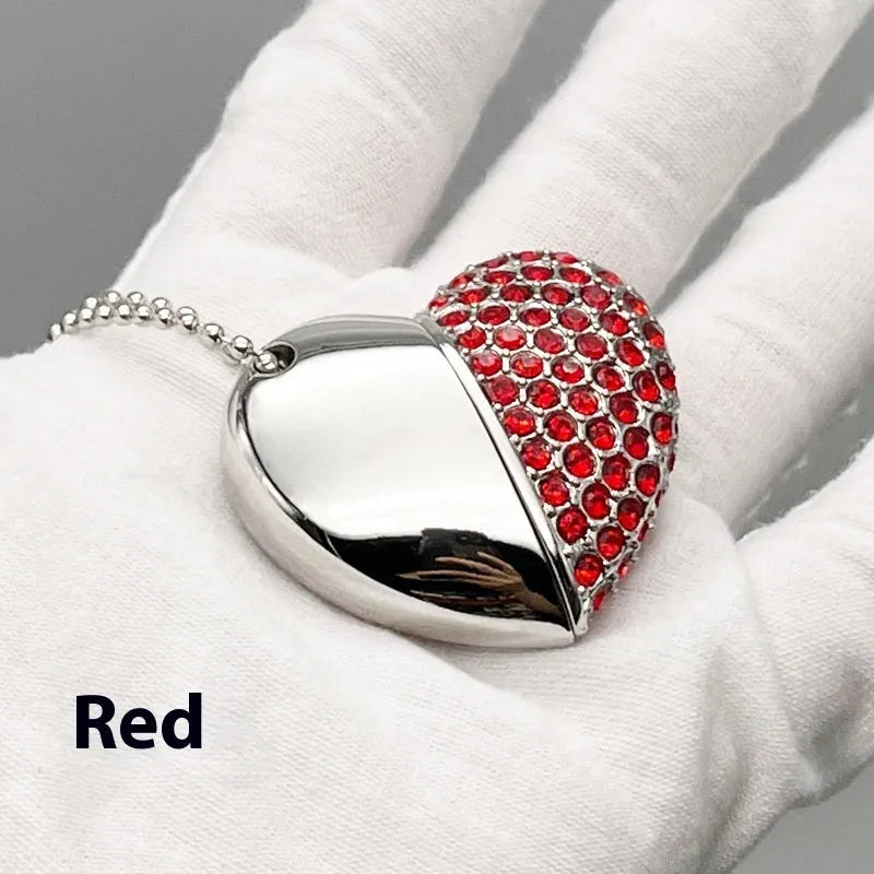 Heart-shaped brick pattern USB flash drive in blue, showing metal shell and USB connector.