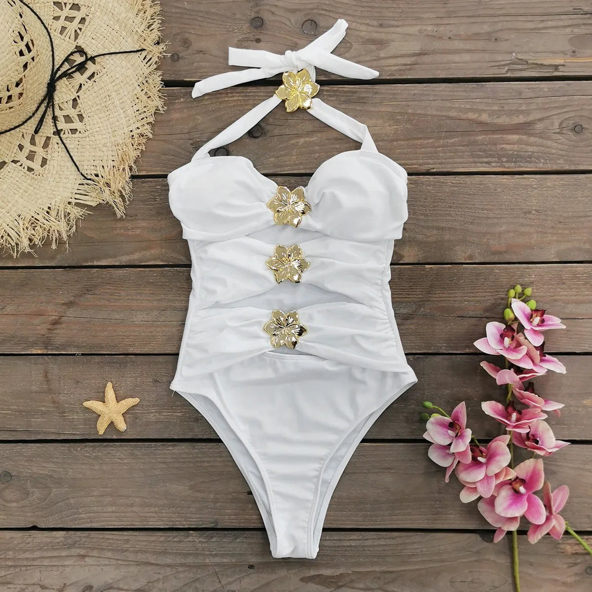 Women's solid colour one-piece swimsuit with hollow-out tube top and removable short skirt