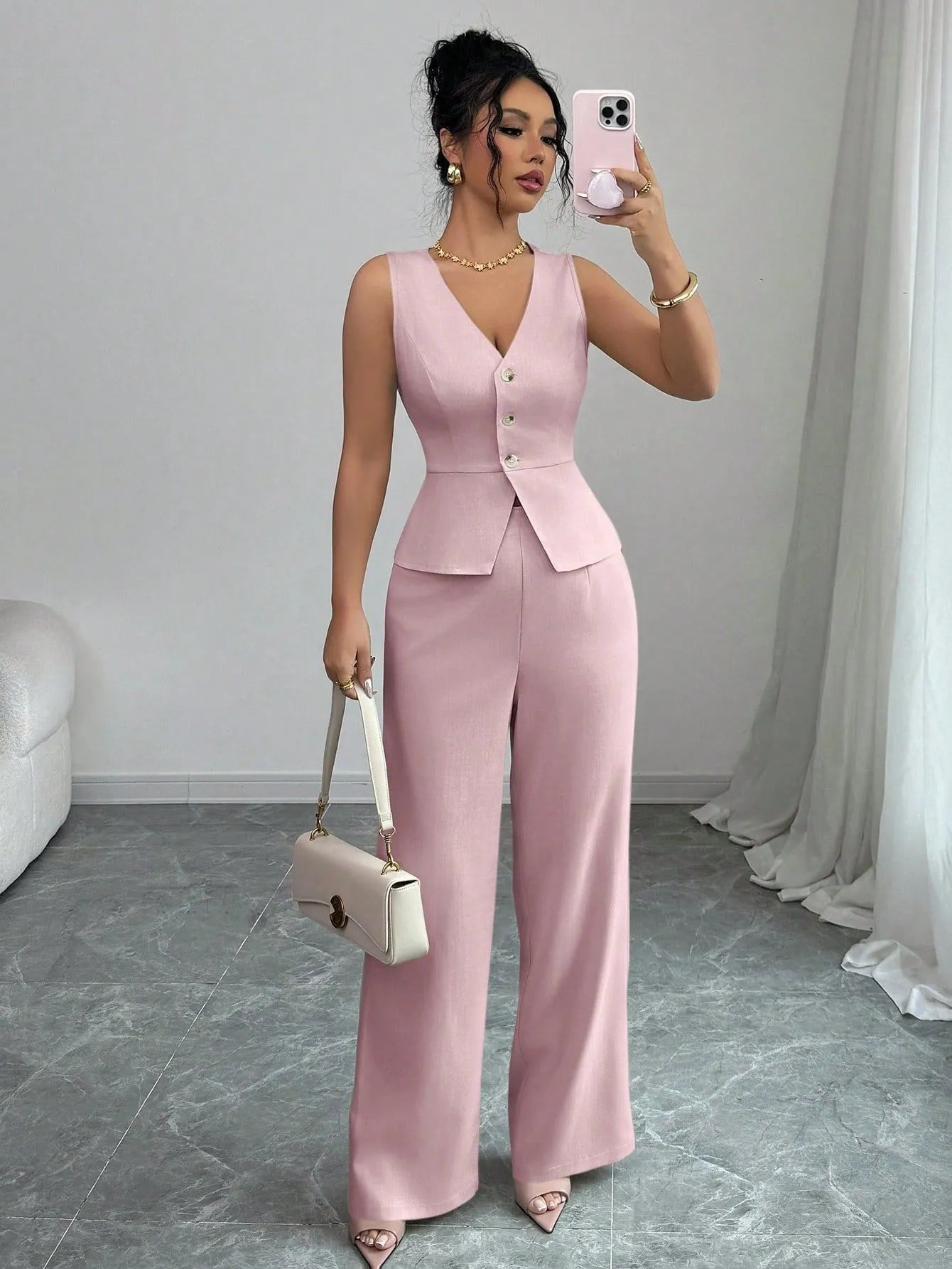Women's solid colour sleeveless vest and high-waist trousers two-piece set in casual style