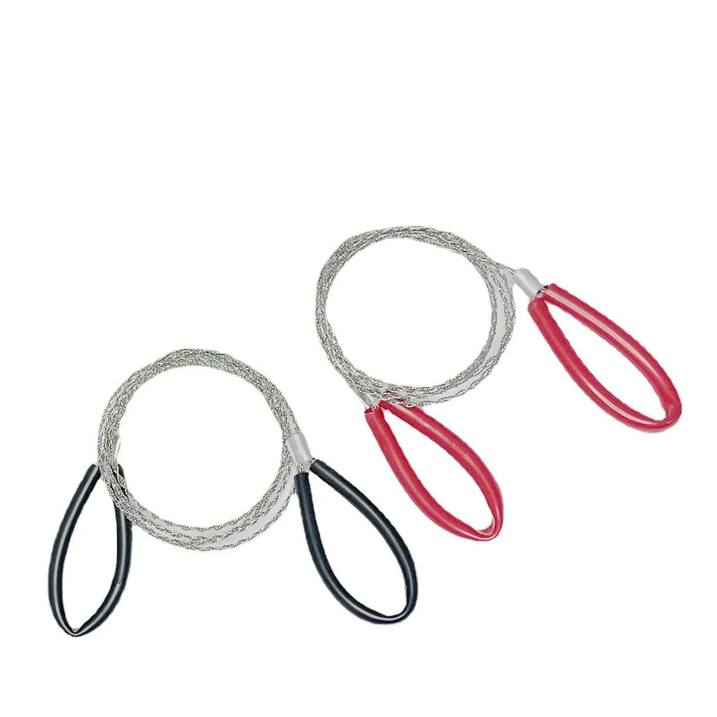 German stainless steel survival wire saw with black leather hand case, showing the four-strand cutting wire.
