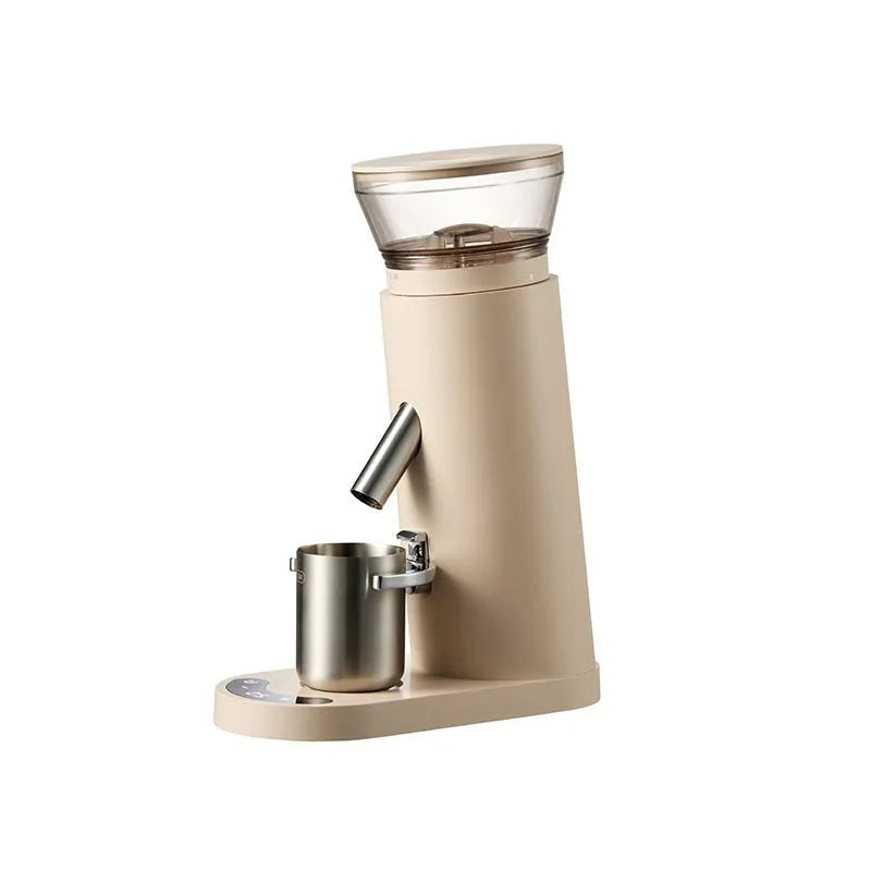Portable automatic electric coffee grinder in stainless steel with beige or black finish options.