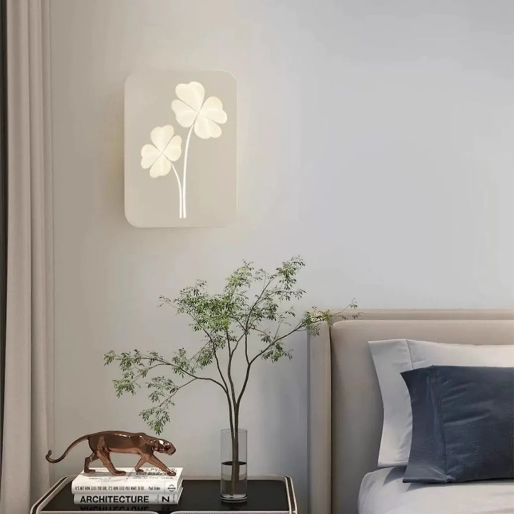 Modern wall lamp with iron base and acrylic shade in pink love heart or white square ginkgo leaf design for bedroom lighting