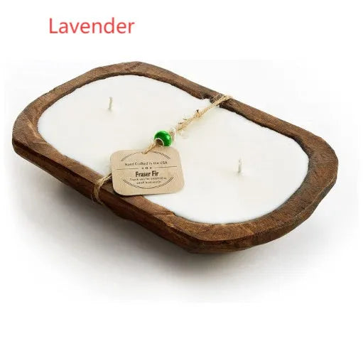 Retro wooden basin container with a triple-wick soy aromatherapy candle in lavender scent
