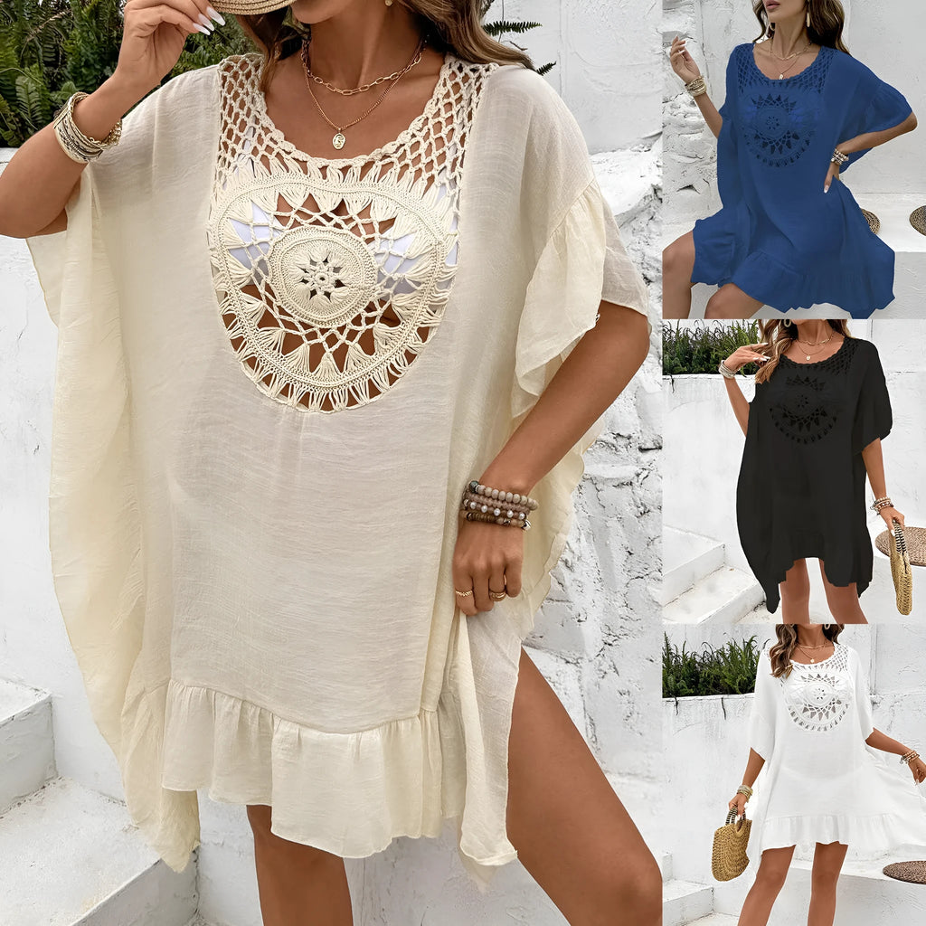 Crochet patchwork beach dress swimsuit cover-up in apricot colour with tassel details.