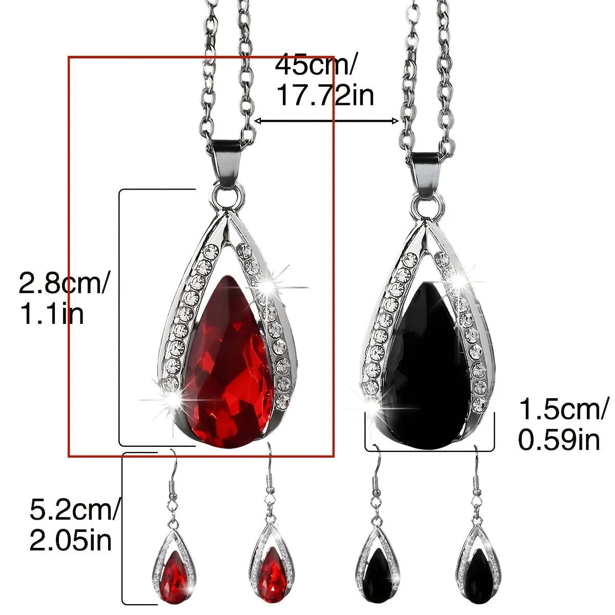 Black and red alloy teardrop glass pendant necklace and matching earrings set