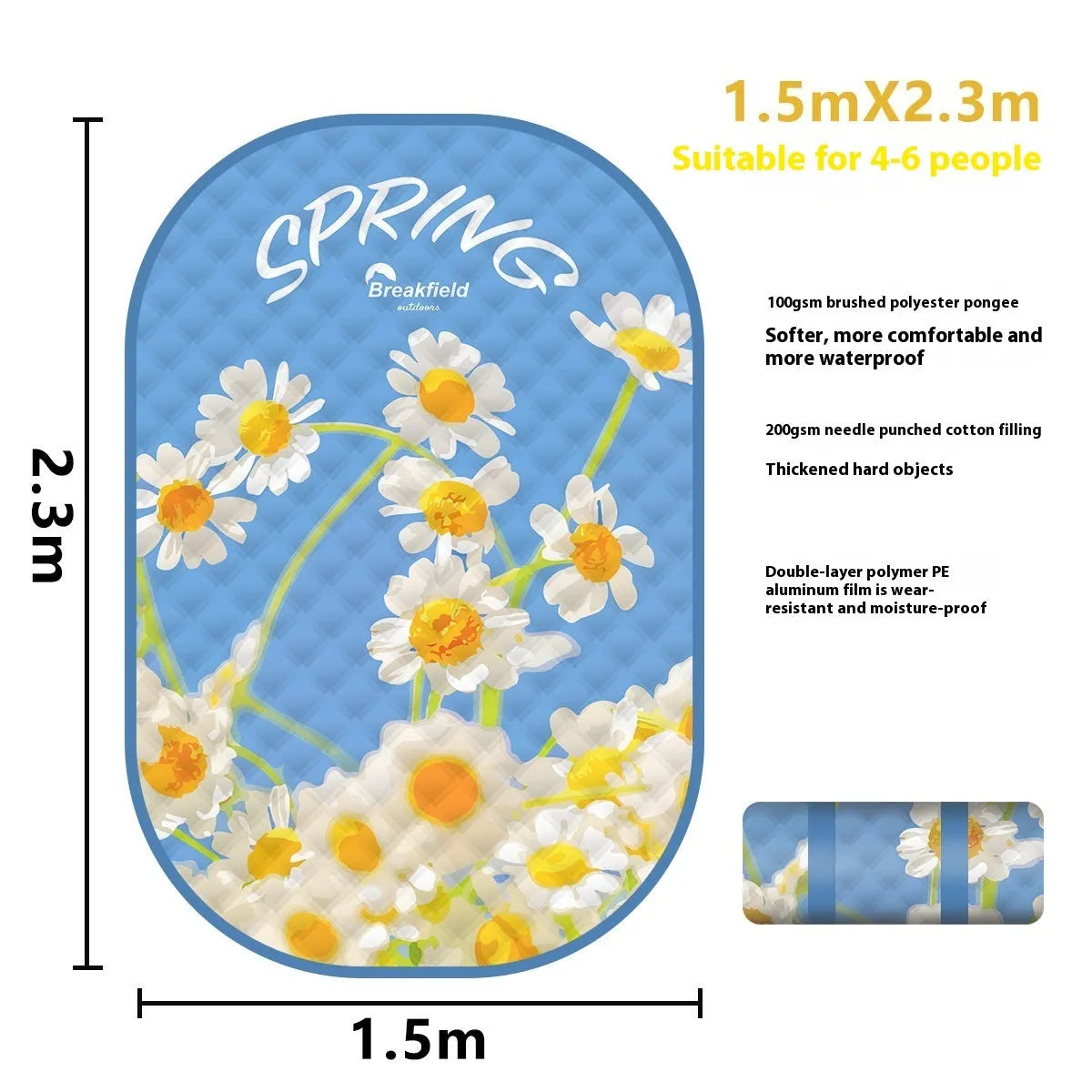 Large waterproof picnic mat in a seasonal colour on grass, showing its size for a group.