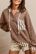 Straw yellow waffle texture striped patchwork hoodie with button neck and drawstring