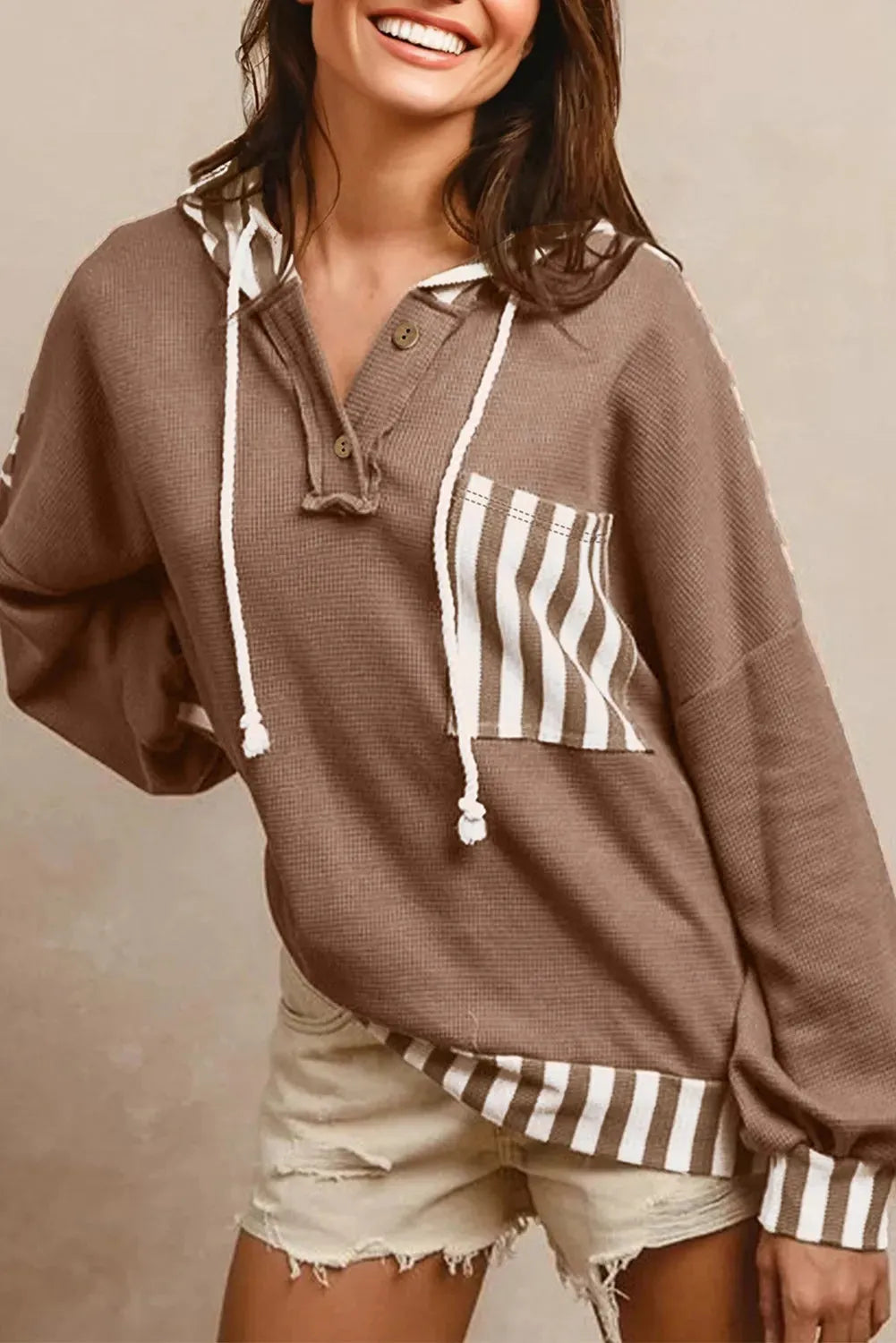 Straw yellow waffle texture striped patchwork hoodie with button neck and drawstring