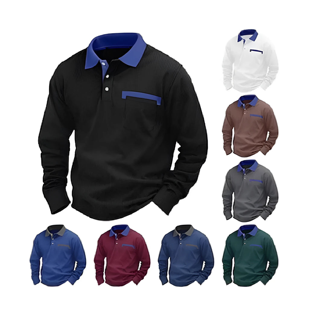 Man modelling a loose-fit long sleeve polo shirt with a waffle-texture fabric in a solid colour.