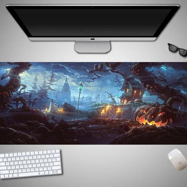 Oversized Halloween-themed mouse pad with graphic design on non-slip rubber cloth surface