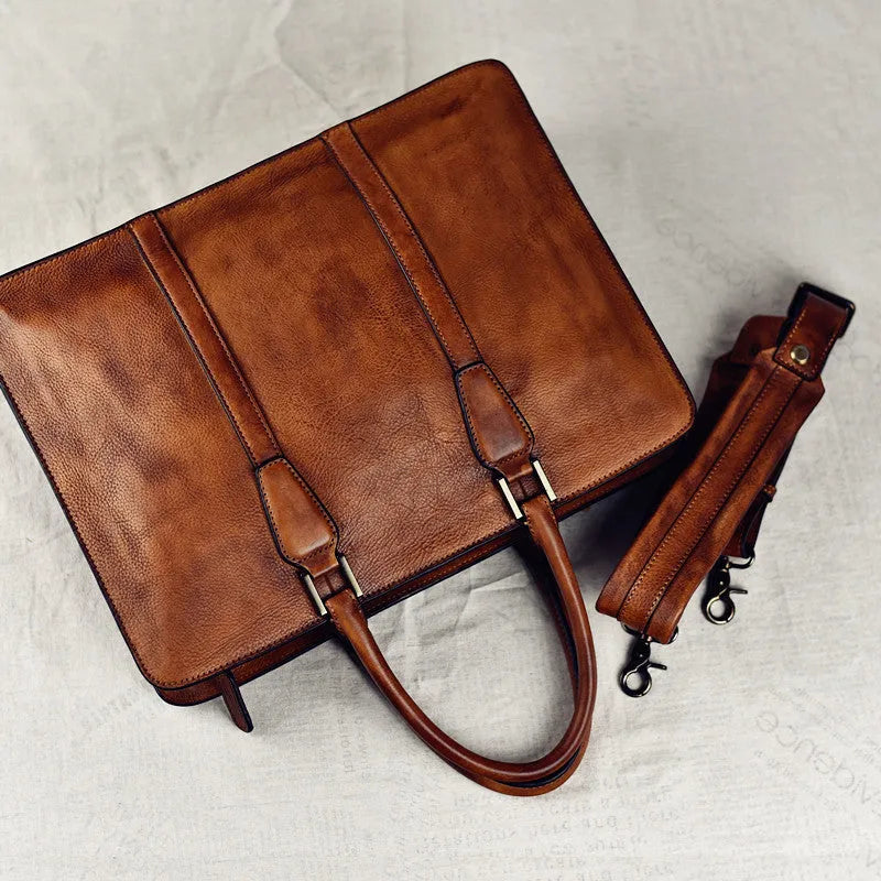 Men's 14 inch horizontal square leather business handbag in khaki or black colour