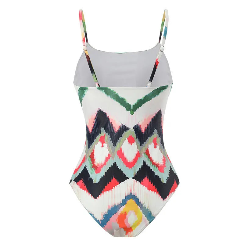 Female two-piece swimsuit with hip skirt in striped pattern, quick-dry polyester fabric