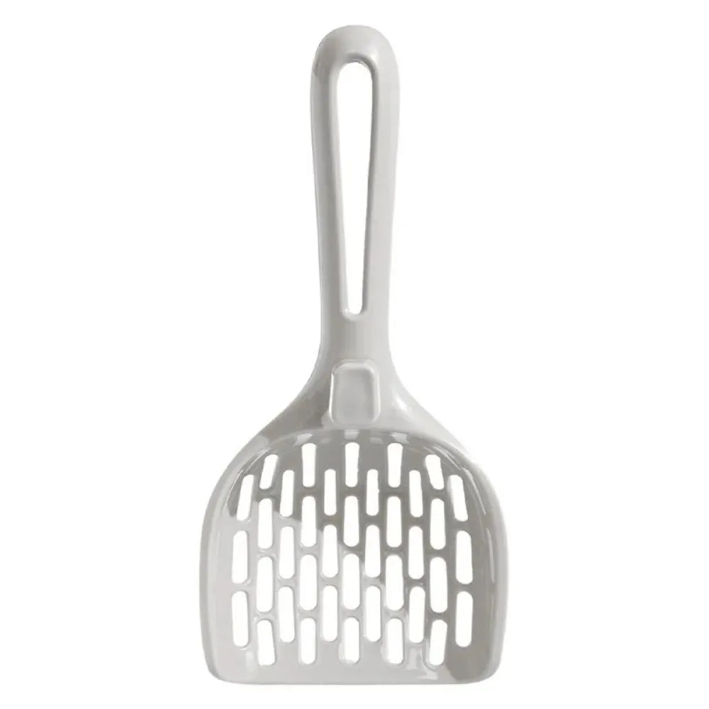 Grey plastic cat litter scoop with attached storage base for litter box cleaning