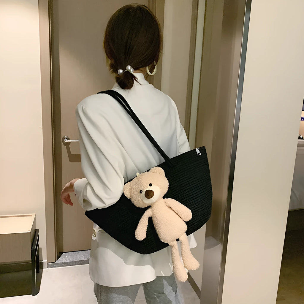 Cotton and linen woven bag with dumpling shape, double shoulder straps, and three-dimensional pocket