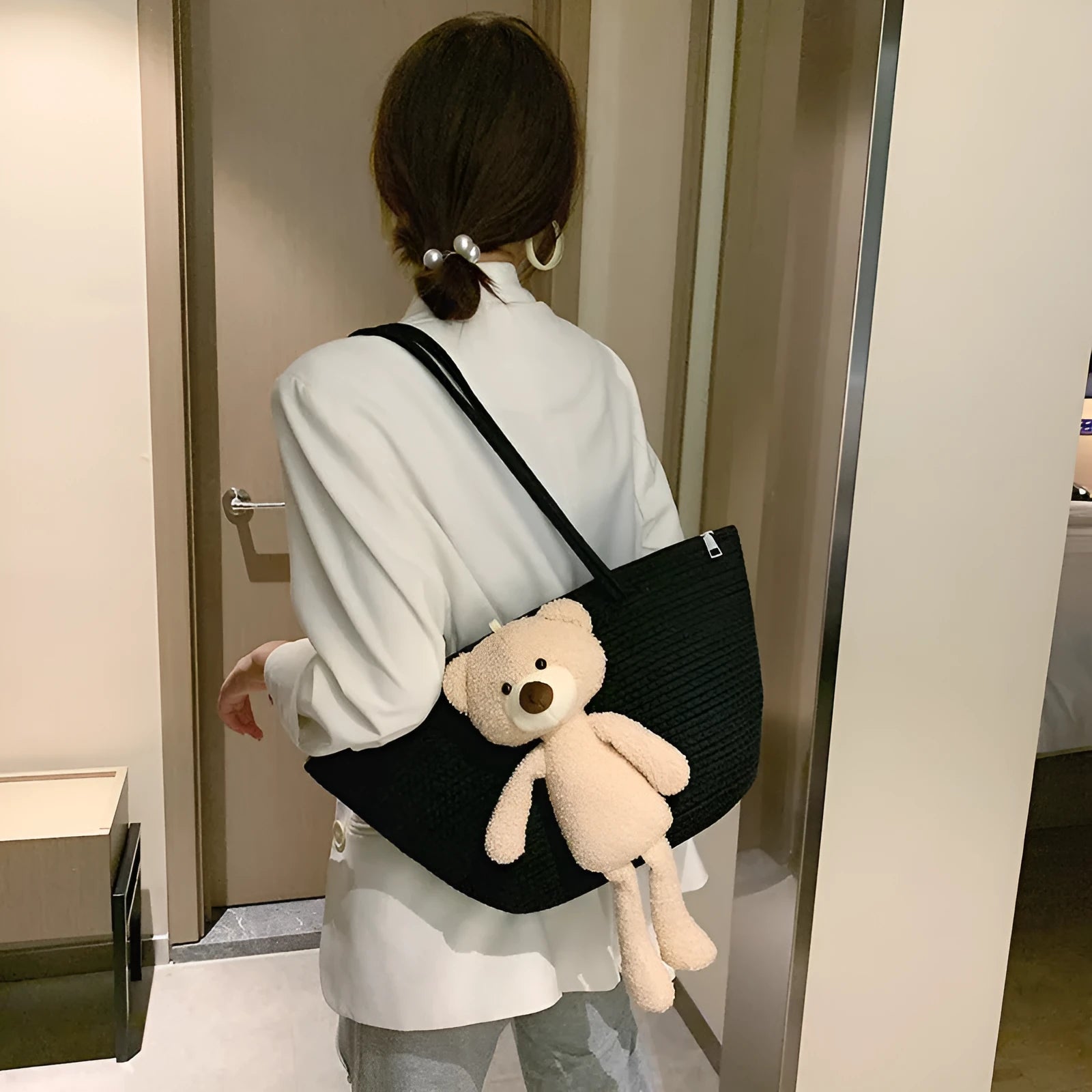 Cotton and linen woven bag with dumpling shape, double shoulder straps, and three-dimensional pocket