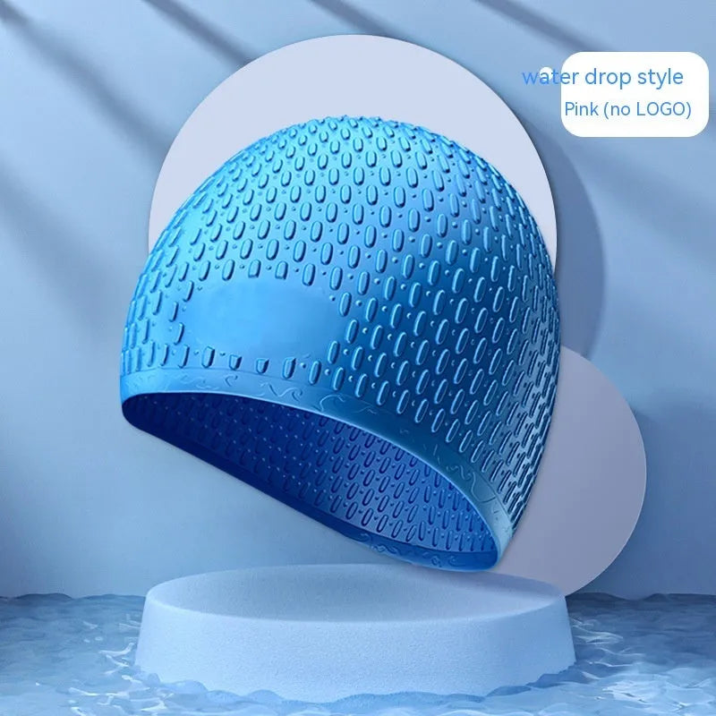 Silicone water drop design swimming cap for adults shown in various colours.