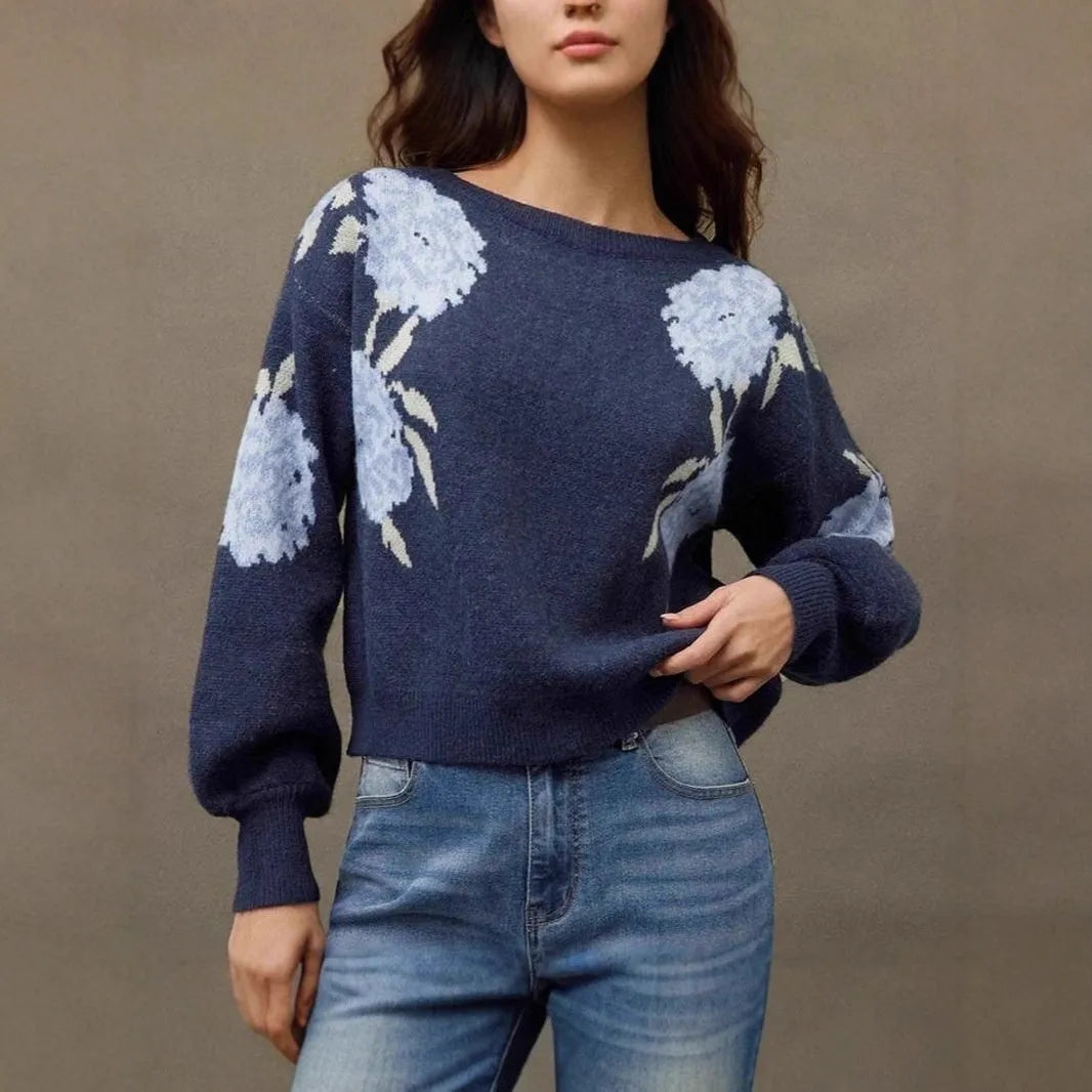 Sapphire blue women's pullover with floral jacquard pattern, loose street fashion fit