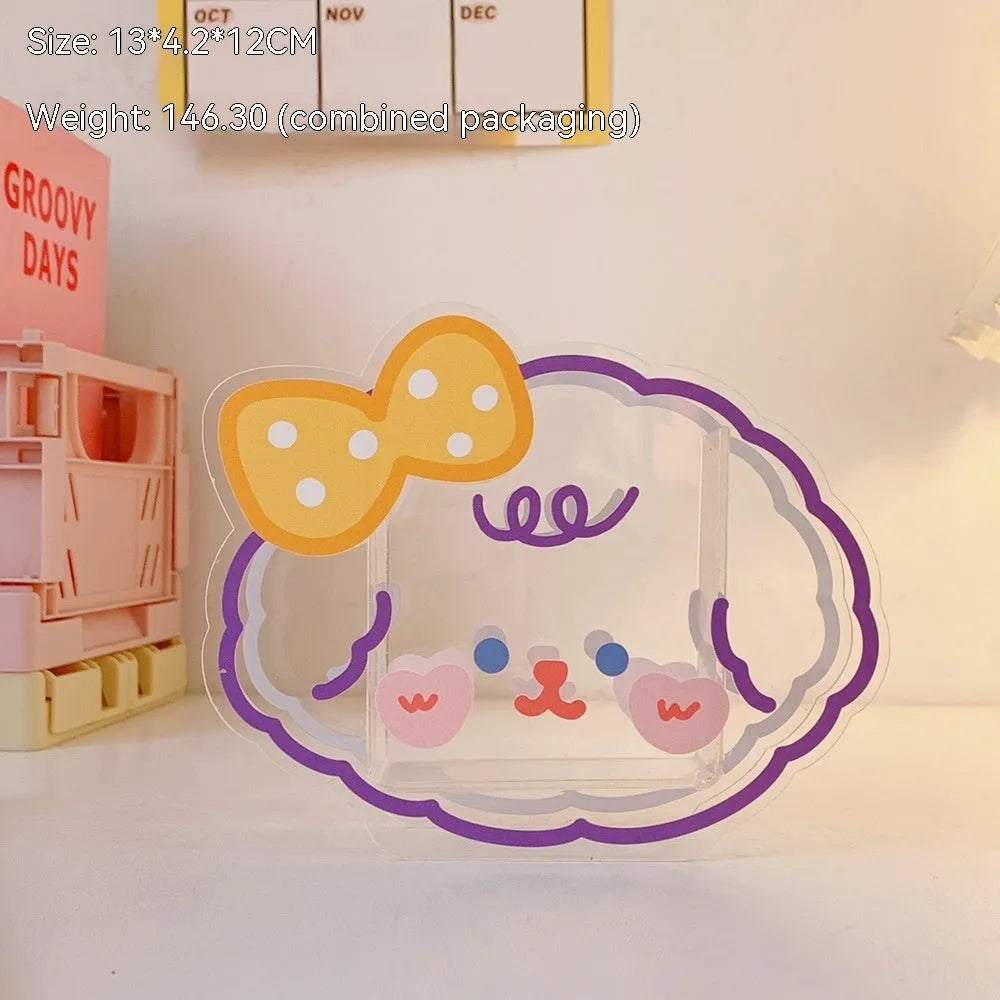 Square clear acrylic storage box with cute character theme decoration for desk organisation