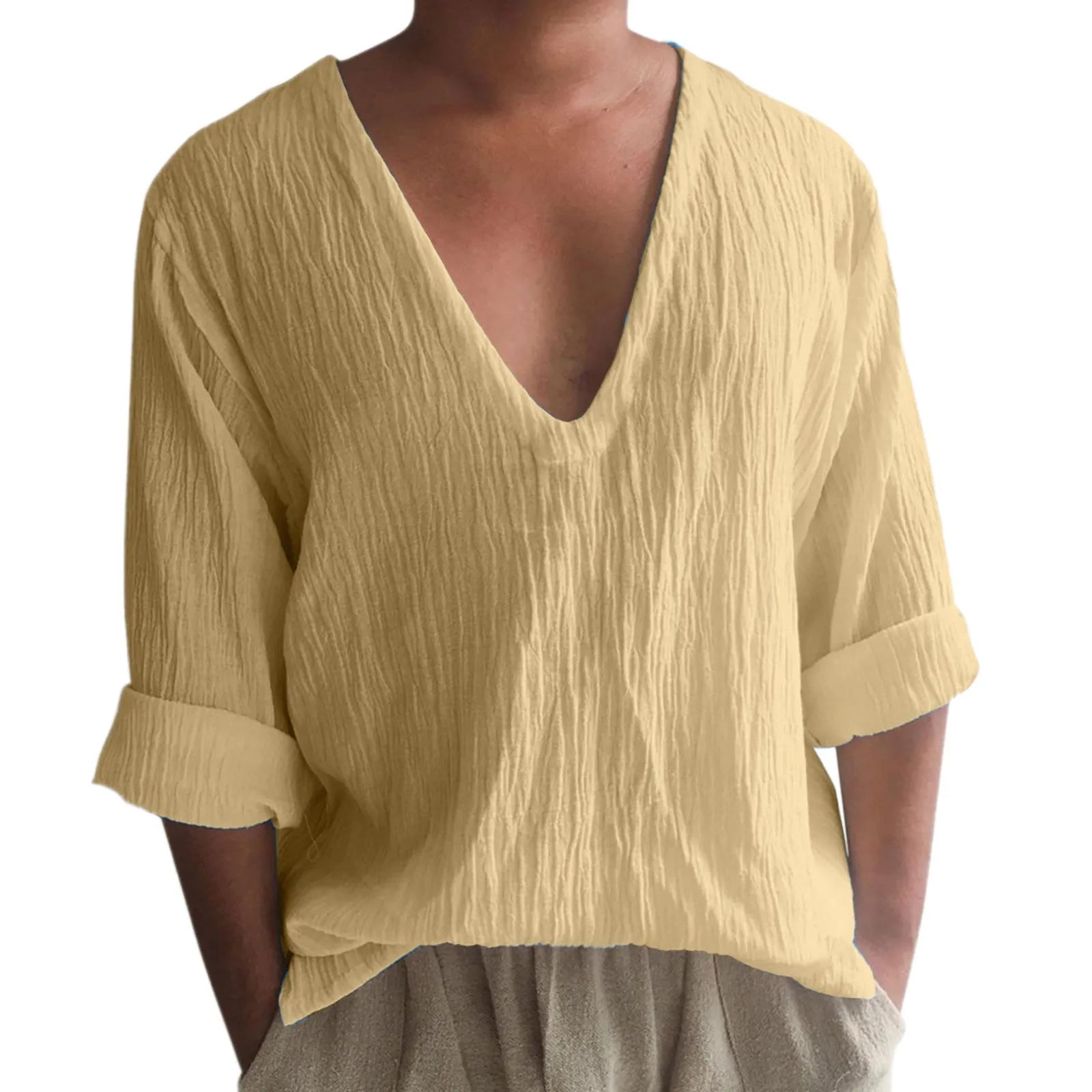 Men's long sleeve V-neck t-shirt in washed cotton fabric, solid colour options on hanger