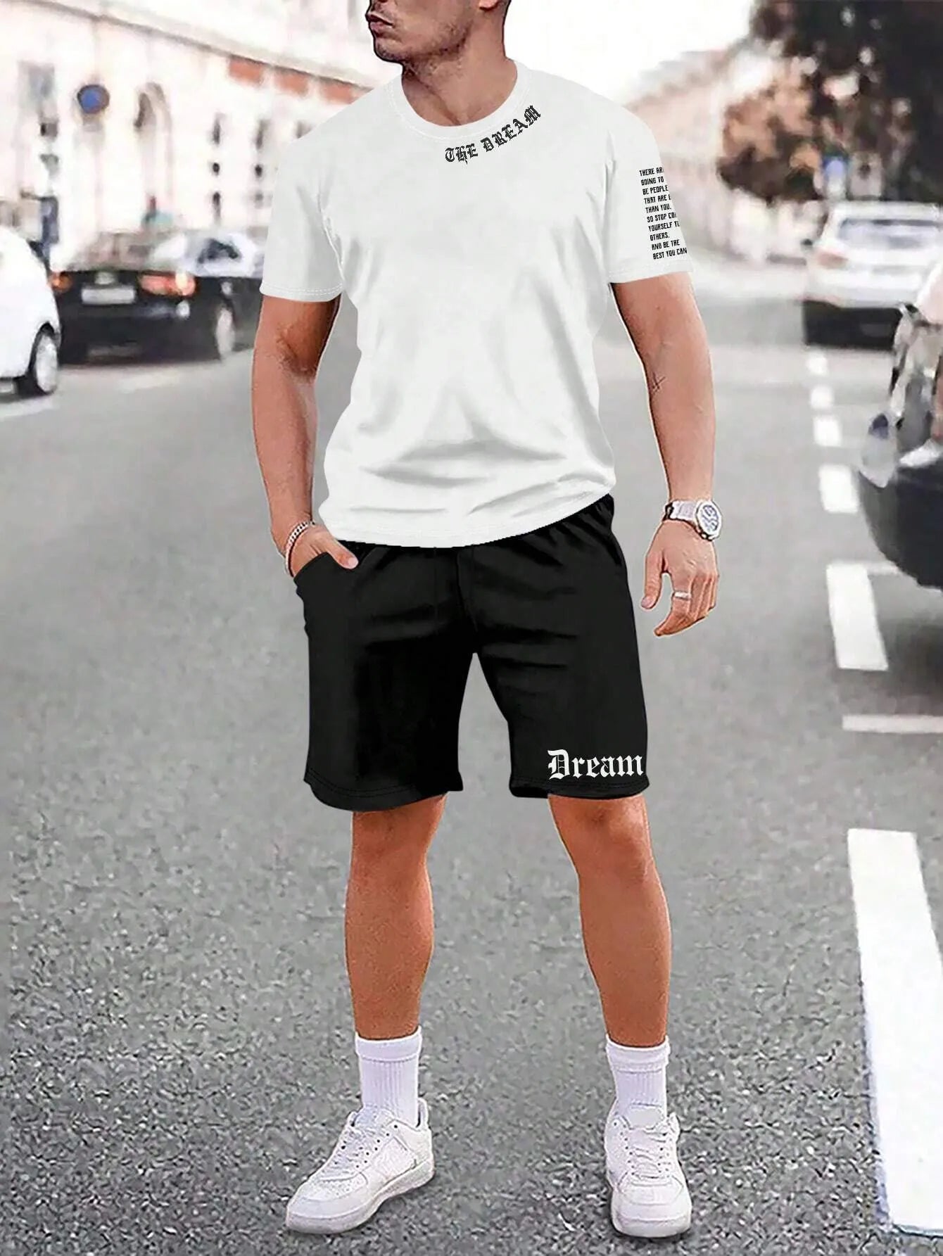 Men's sports shorts and t-shirt set in cotton blend fabric with printed pattern