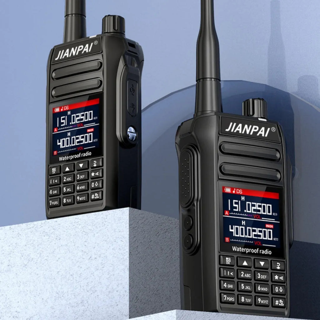 Black Interphone waterproof aviation communication headset with microphone, antenna, battery, and charging accessories