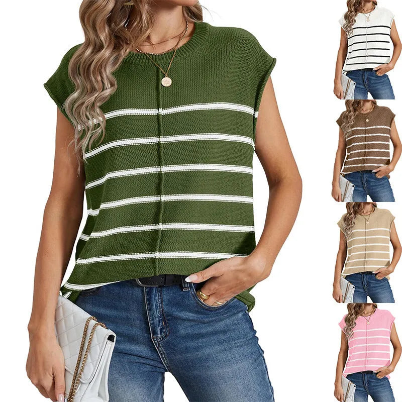 Striped sleeveless pullover vest top for women in a casual style.