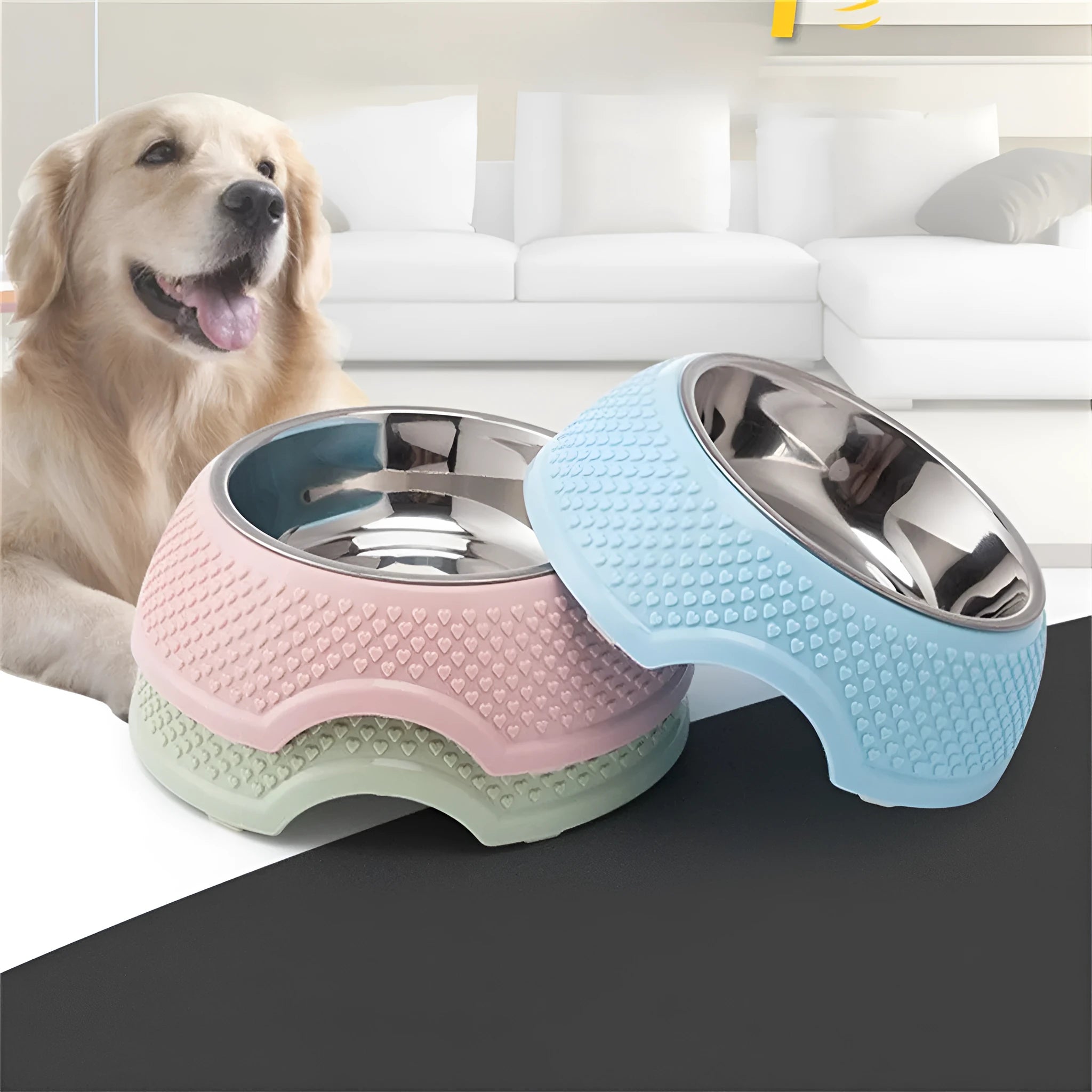 Blue stainless steel pet bowl with a weighted non-slip base for cats and dogs.