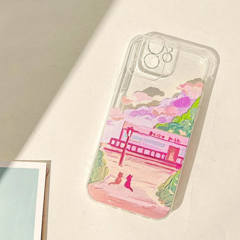 Soft Silicone iPhone case with a colourful cartoon design of two cats on the back.