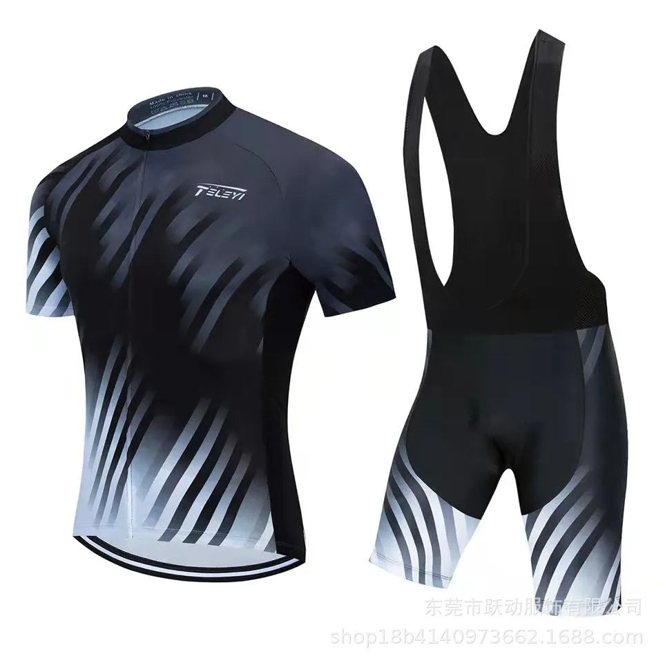 A short-sleeved cycling jersey and pants set for men and women, shown in one of seven available colour styles.