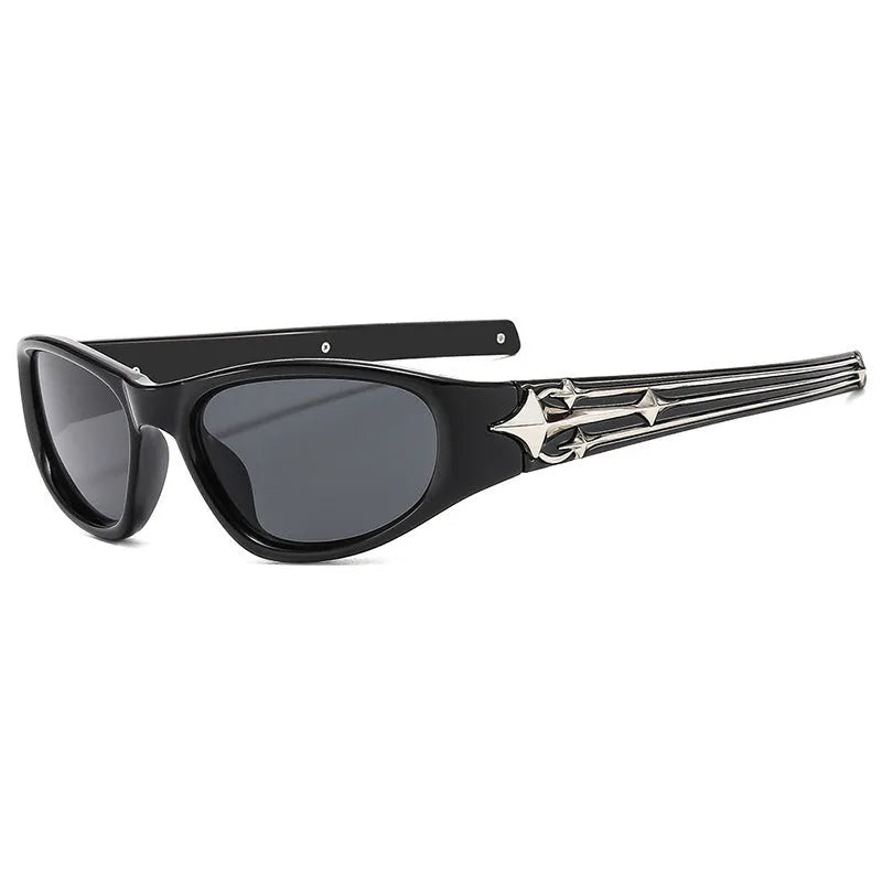 Sports sunglasses with PC frame and lenses in black and blue colour combination showing special-shaped mirror design
