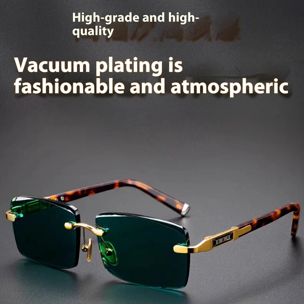 Dark green crystal frameless sunglasses with protective case and lens cleaning cloth