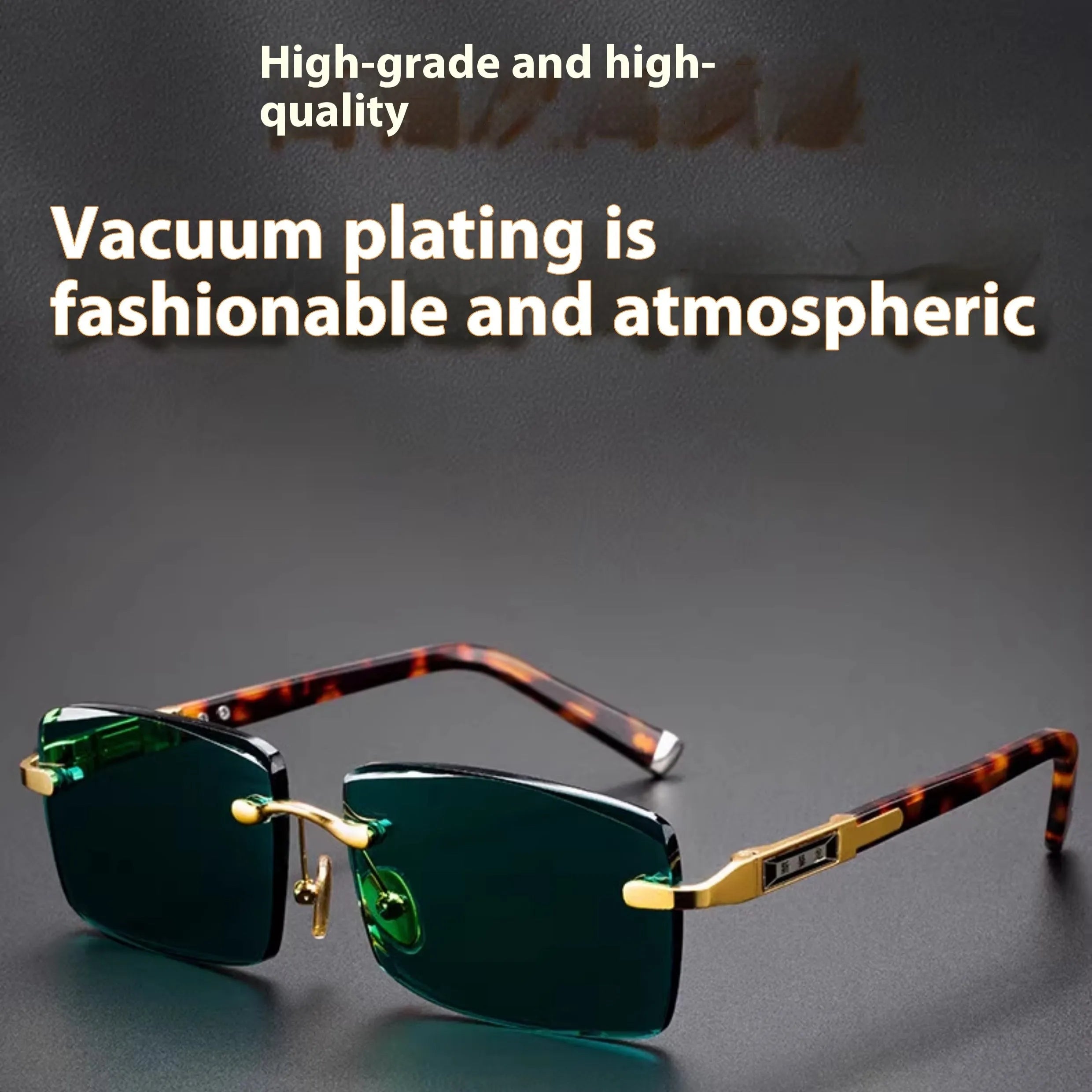 Dark green crystal frameless sunglasses with protective case and lens cleaning cloth