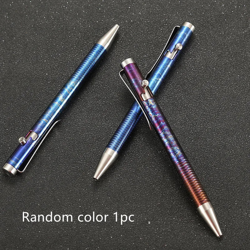 Titanium alloy ballpoint pen with gun bolt handle mechanism showing phantom colour finish variations