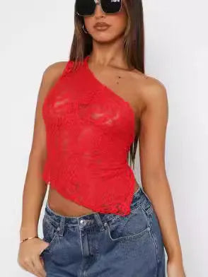 Womans lace backless vest top with asymmetrical sloped neckline in solid colour.