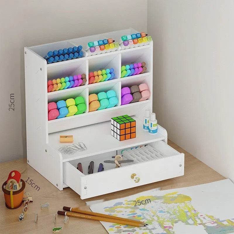 Square plastic pen holder storage box with multiple oblique insertion compartments on a desk.