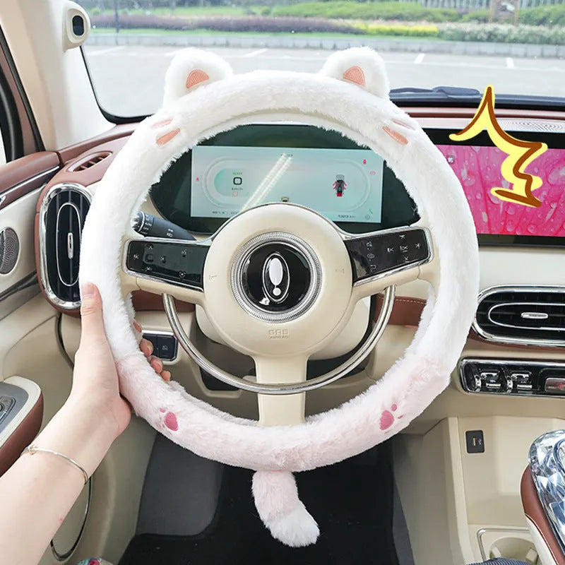 Plush rabbit fur steering wheel cover with animal embroidery for 38cm diameter winter use