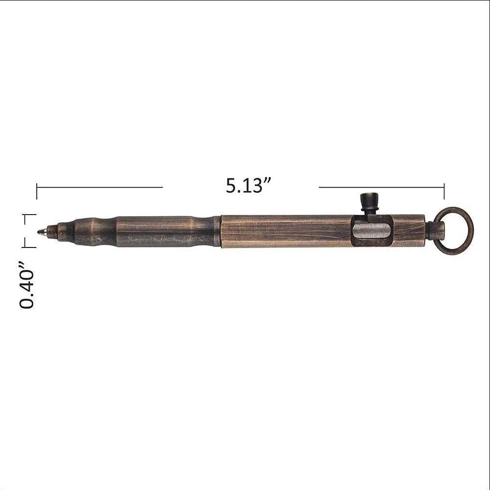 Brass tactical pen with hexagonal bolt machine gun design in brass or black finish