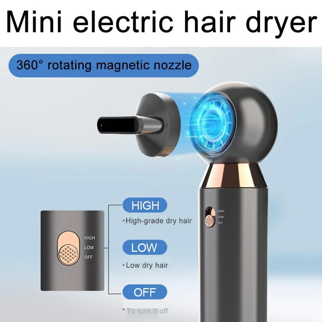 Leafless 800W hair dryer with diffuser attachment showing compact 20cm design and dual speed controls