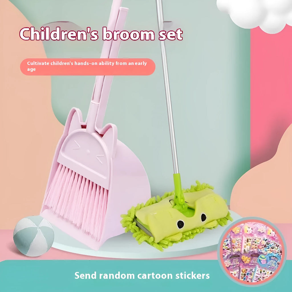 Purple broom and dustpan set with rotating brush head and integrated brush holder