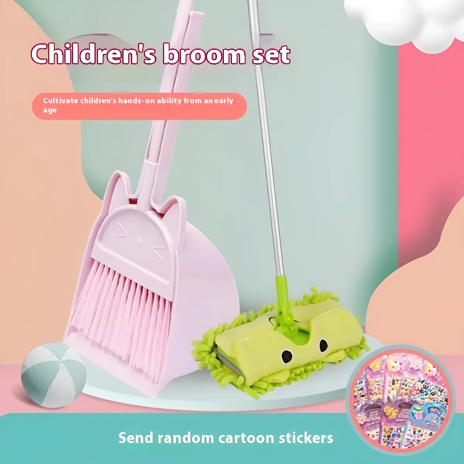 Purple broom and dustpan set with rotating brush head and integrated brush holder