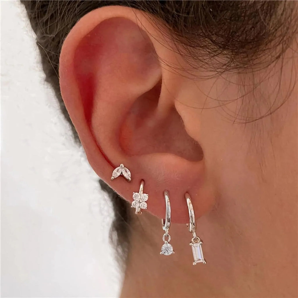 Geometric square copper earrings with zircon plating in gold and silver four-piece sets for women