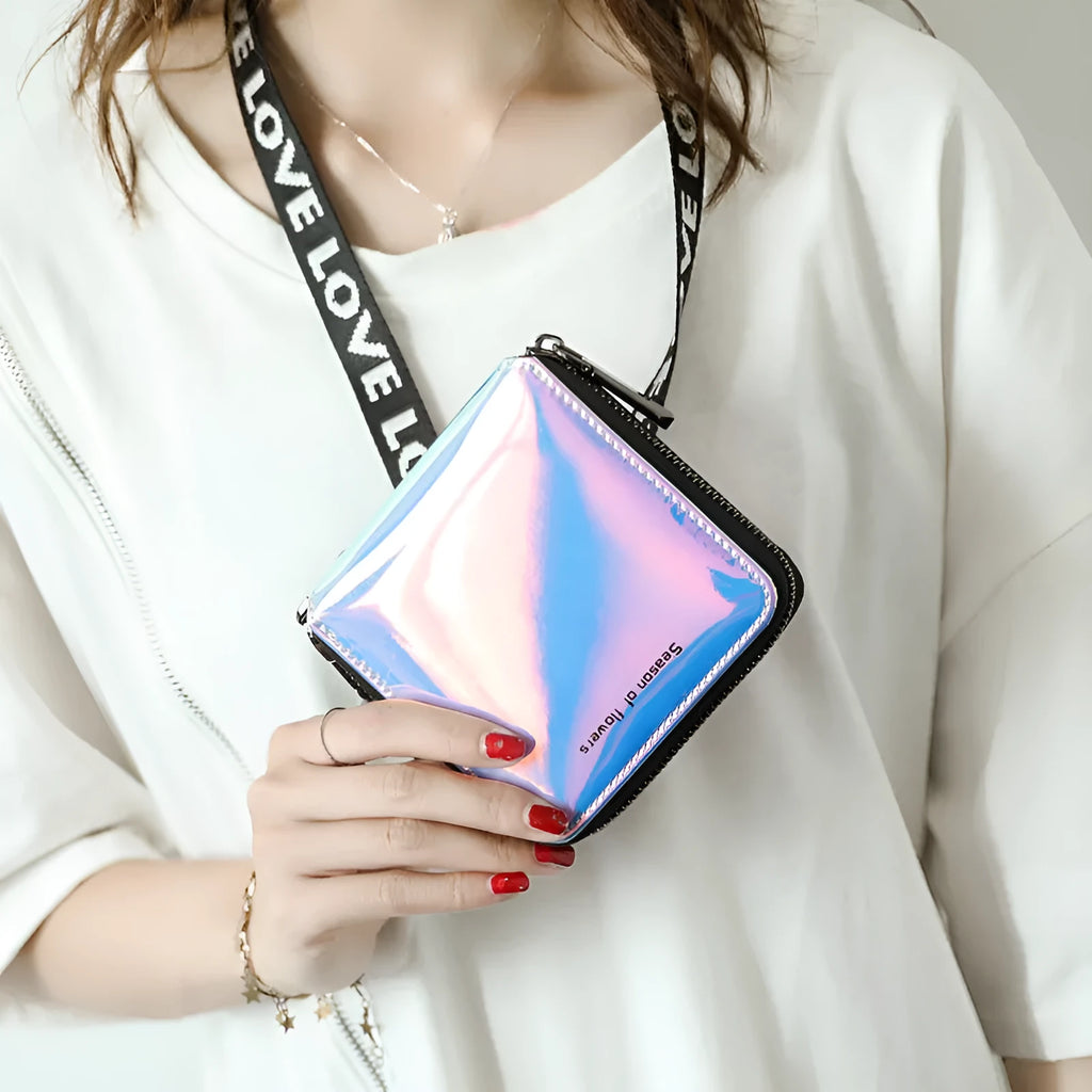 Compact women's Korean-style folding wallet in PU leather measuring 11cm x 11cm
