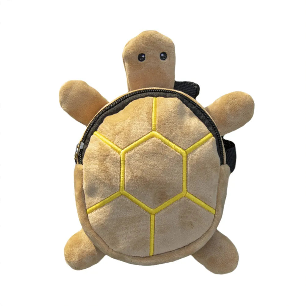 Cartoon turtle shape dog backpack harness vest in velvet with metal zipper, shown in brown colour