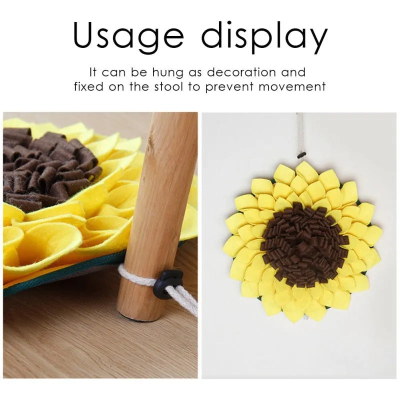 Yellow sunflower-shaped dog snuffle mat with fleece folds for hiding treats.