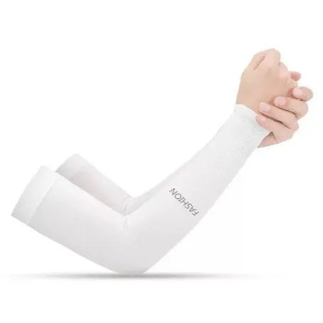 A pair of printed viscose ice silk sun protection sleeve gloves covering the forearm and elbow.