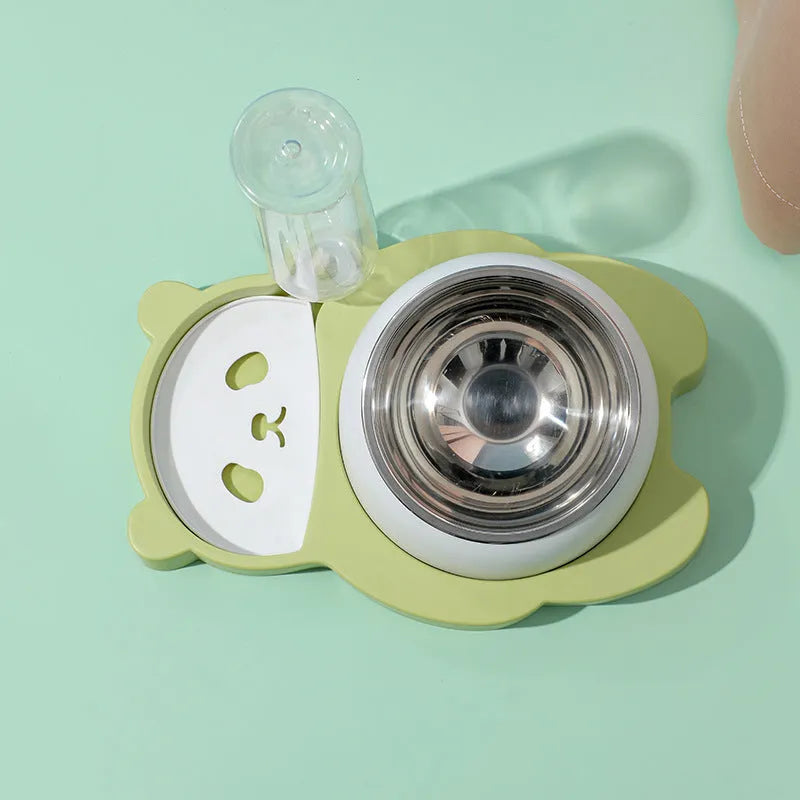 Grey and green panda-shaped automatic pet feeder with tilted stainless steel bowls and water bottle.